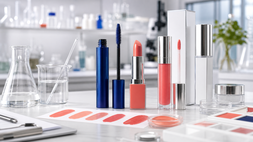 Cómo las marcas de belleza pueden desarrollar máscara azul y productos labiales coral en 2026 Blue mascara and coral lip producto OEM/ODM development samples in a cosmetics lab