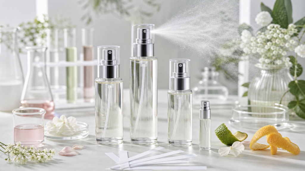 Body Mist OEM/ODM Guide for Beauty Brands Unbranded body mist spray bottles, fragrance strips and formulation samples in a cosmetics development lab