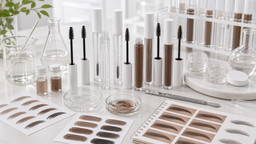 Brow Gel OEM/ODM Guide for Beauty Brands Brow gel OEM ODM development with spoolie applicators, tinted brow gel samples and blank cosmetic packaging
