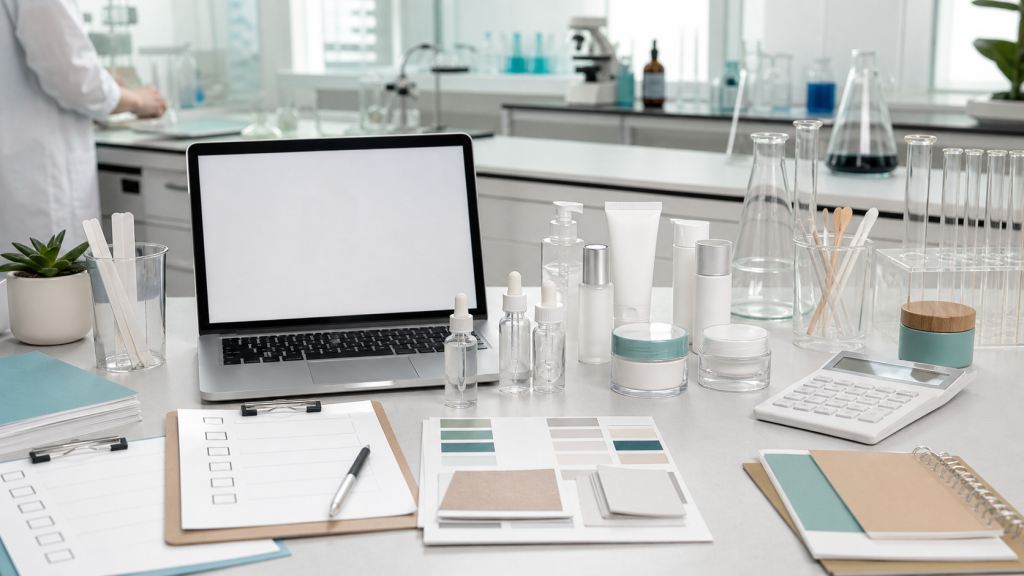 What to Prepare Before Contacting a Cosmetic Manufacturer Cosmetic manufacturer inquiry preparation with unbranded skincare samples, blank packaging, checklist, laptop and calculator in a lab workspace
