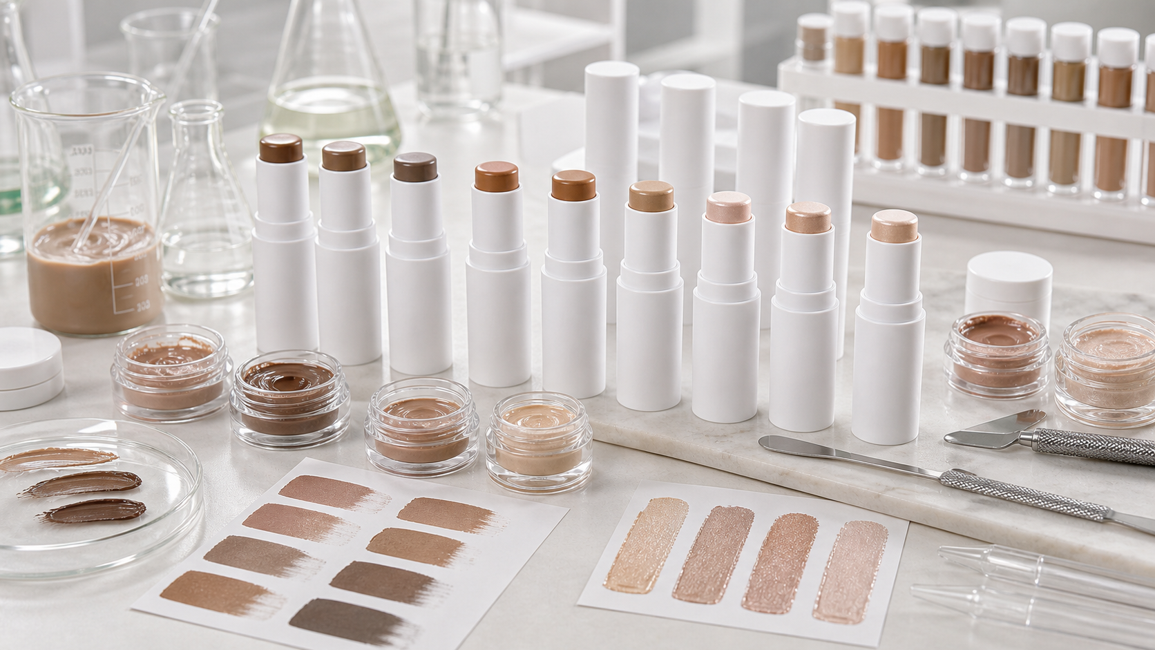 Contour Stick OEM/ODM Guide for Beauty Brands Contour stick OEM ODM development with cream bronzer sticks, highlighter samples and blank cosmetic packaging