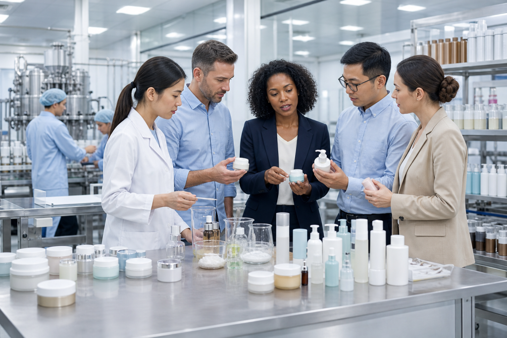 Cosmetic Factory Capabilities: What Each Department Does Cosmetic factory departments reviewing unbranded skincare formulas, packaging and production in a modern facility