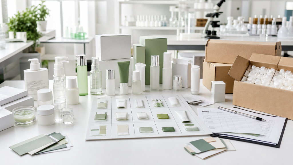 Soluciones OEM de cosméticos para distribuidores y mayoristas de belleza Cosmetic OEM solutions for beauty distributors and wholesalers with unbranded skincare samples, cartons and SKU planning sheets