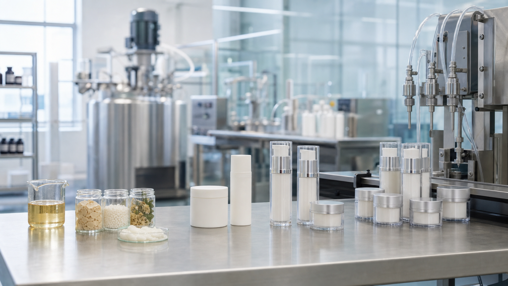 Cosmetic OEM Manufacturing Process: Idea to Production Cosmetic OEM manufacturing process from formulation samples to unbranded bulk production in a modern factory