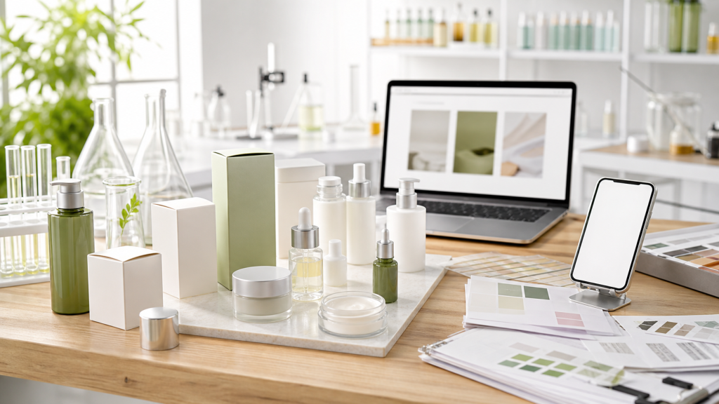 Desarrollo de productos cosmeticos para marcas de belleza de influencers Cosmetic producto development for influencer beauty brands with unbranded skincare samples, packaging cartons, lab glassware and content planning devices