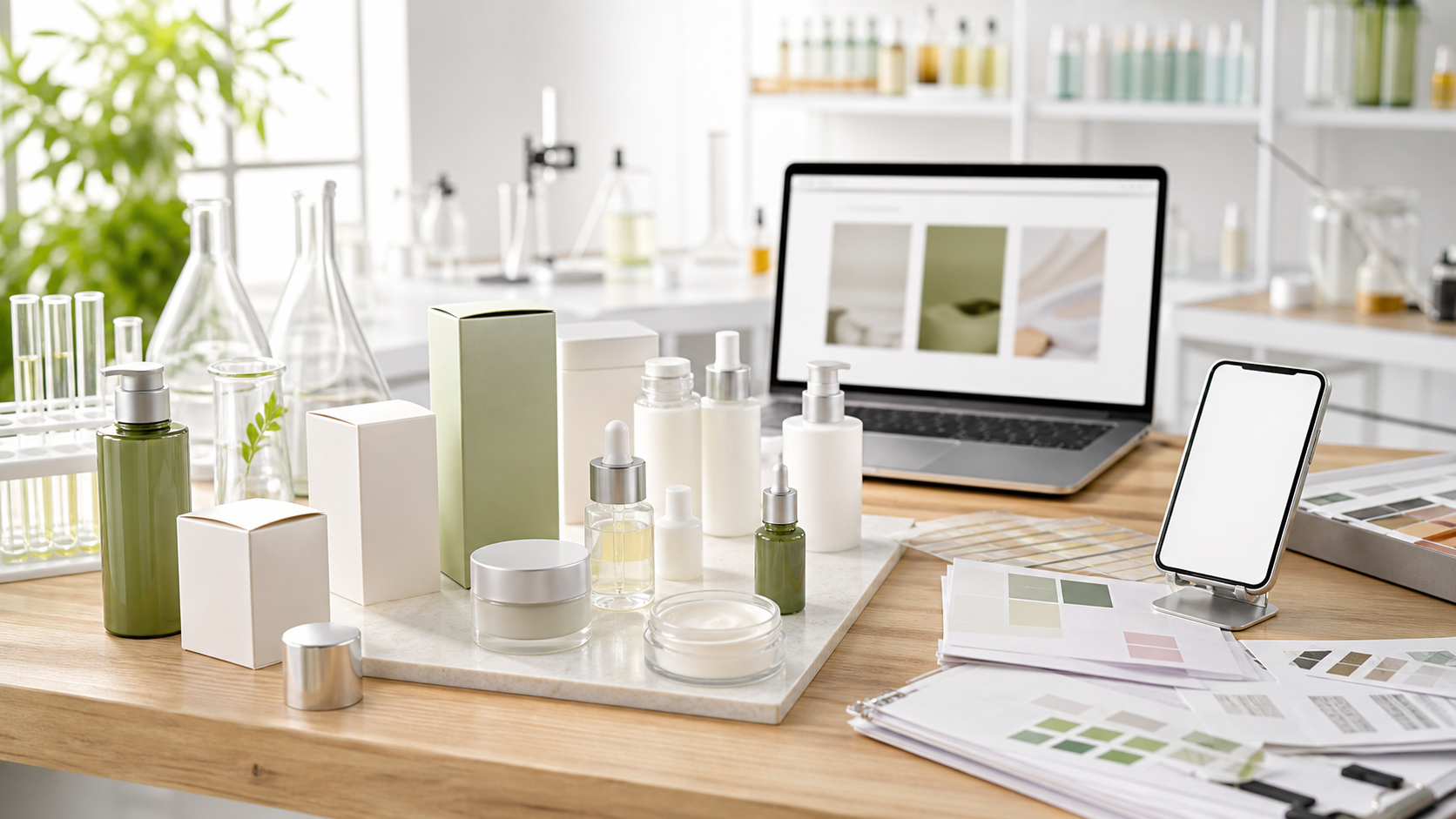 Desarrollo de productos cosméticos para marcas de belleza de influencers con muestras skincare sin marca, cajas de packaging, material de laboratorio y dispositivos de planificacion de contenido