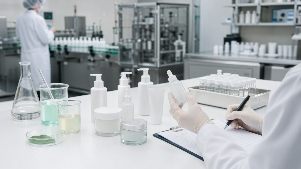 How Cosmetic Manufacturers Control Product Quality Cosmetic quality control in an OEM ODM factory with unbranded skincare samples lab beakers inspection records and production line