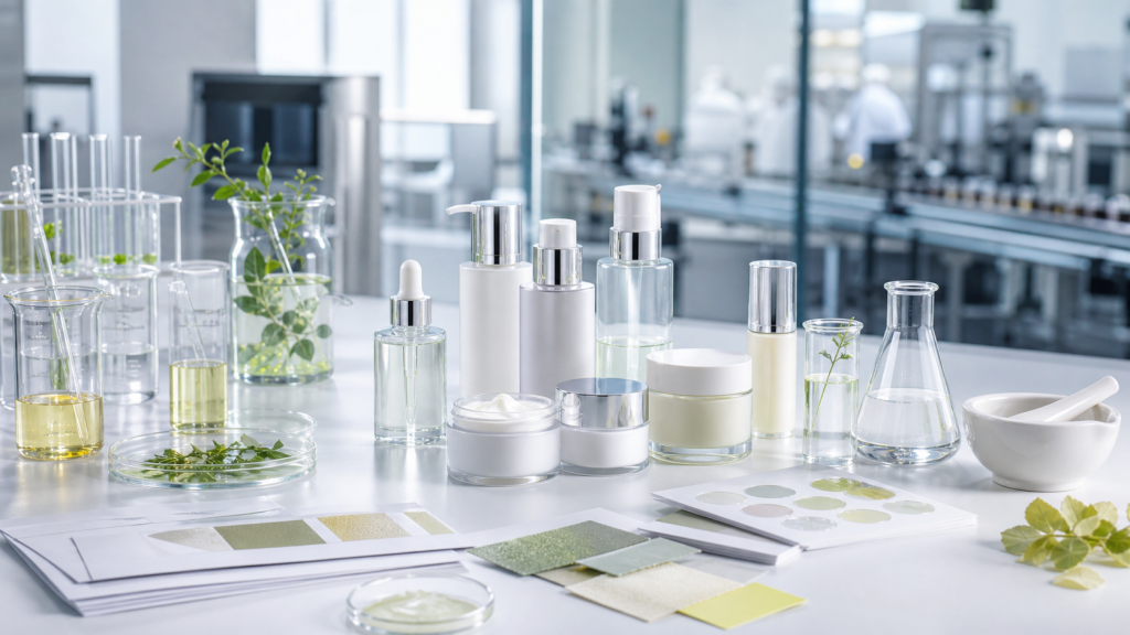 Custom Cosmetic Manufacturing Guide for Beauty Brands Custom cosmetic manufacturing development with unbranded skincare samples, lab glassware, packaging swatches and production background