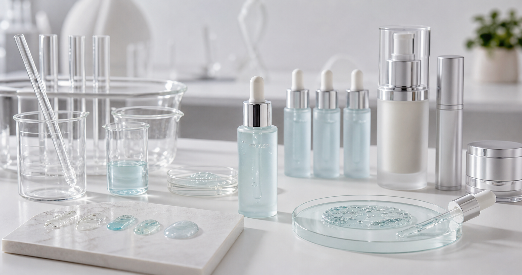 Cómo desarrollar un sérum hidratante para tu marca de skincare Desarrollo de sérum hidratante con muestras de laboratorio cosmético, frascos gotero sin marca, empaque airless y texturas de gel transparente