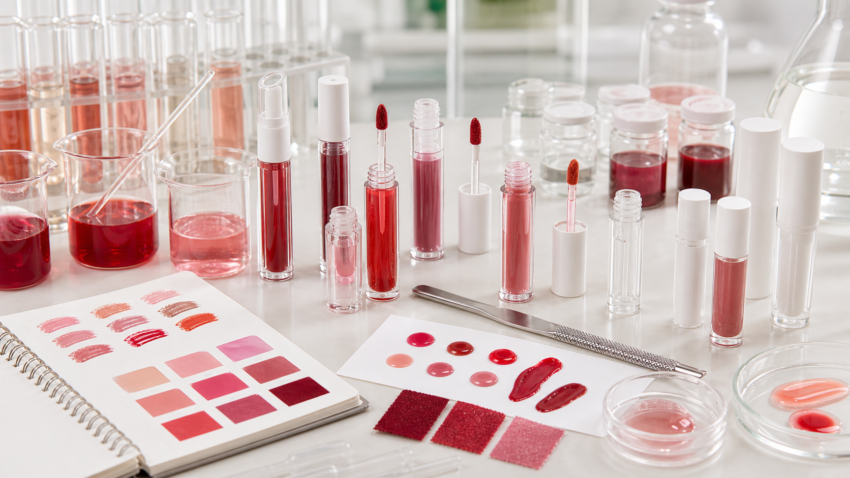 Lip Stain OEM/ODM Guide for Beauty Brands Lip stain and lip tint OEM ODM development with shade swatches, formula samples and blank cosmetic packaging