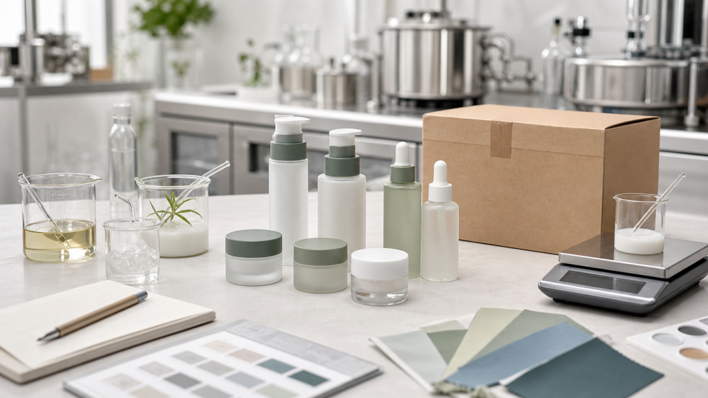 Low MOQ Cosmetic Manufacturing for Beauty Startups Small-batch low MOQ cosmetic manufacturing samples and unbranded skincare packaging in a production studio