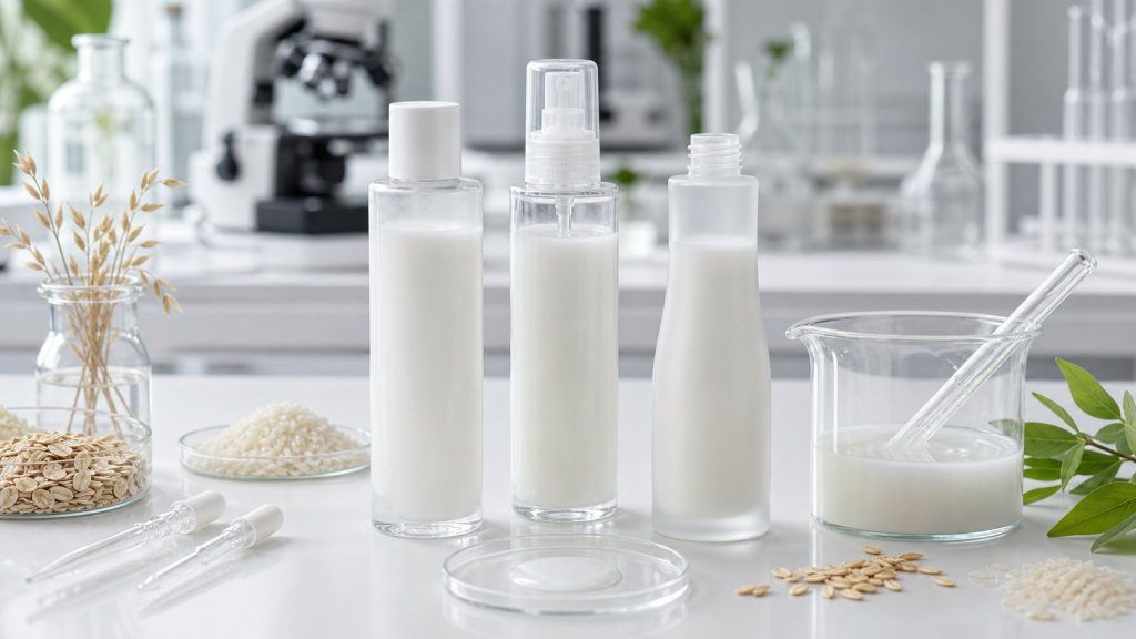 Milky Toner OEM/ODM Guide for Beauty Brands Unbranded milky toner bottles, rice and oat materials, and emulsion samples in a cosmetics formulation lab