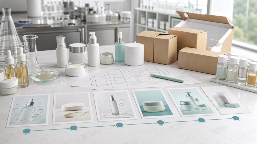 ?Cu?nto tiempo se necesita para lanzar skincare de marca privada? Marca privada skincare launch timeline with lab samples blank packaging and productooion planning materials