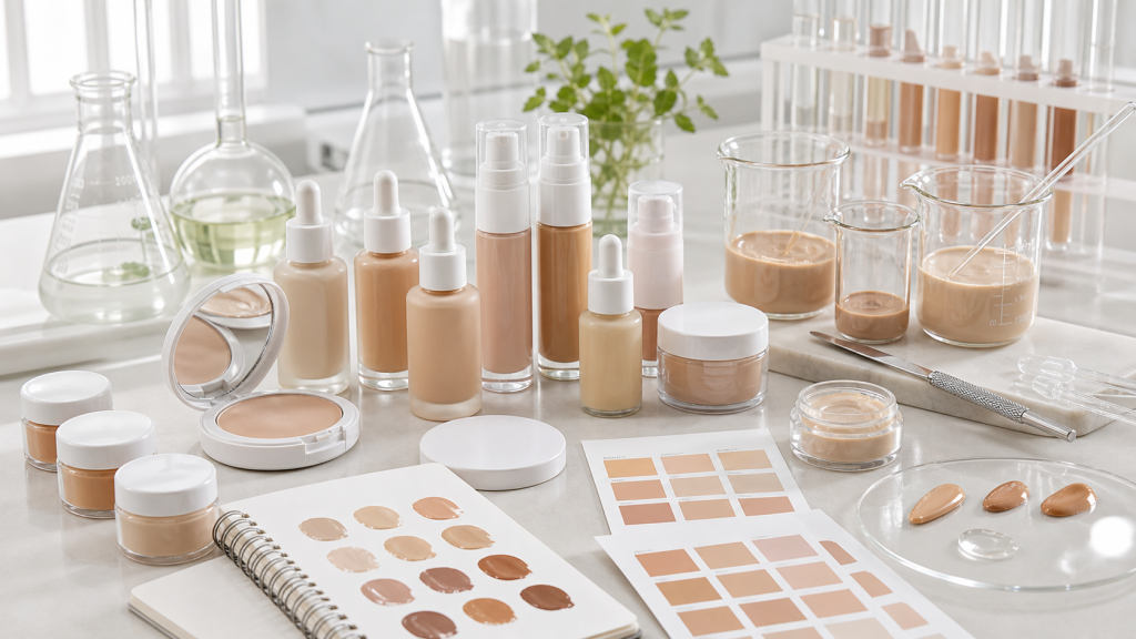 Skin Tint OEM/ODM Guide for Beauty Brands Skin tint OEM ODM development with serum foundation samples, shade swatches and blank base makeup packaging