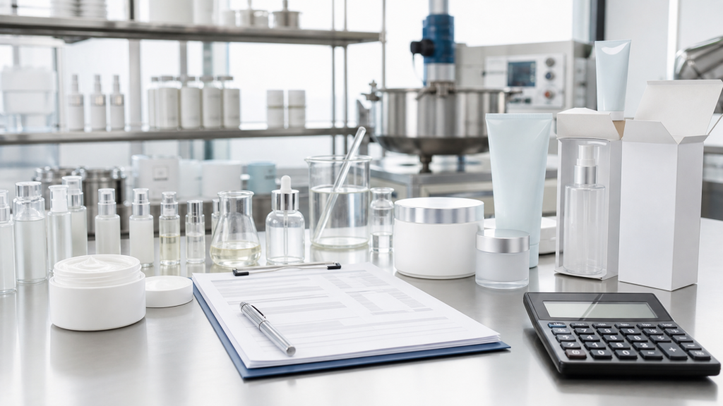 Unbranded skincare manufacturing cost planning with cosmetic samples, packaging components, quotation forms, and calculator in a clean factory lab