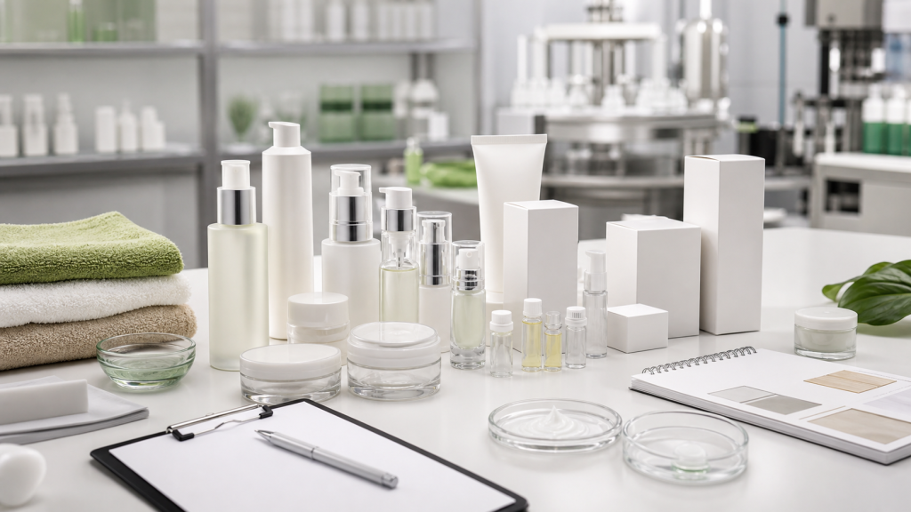 Skincare Manufacturing for Salon and Spa Brands Skincare manufacturing for salon and spa brands with unbranded skincare samples, spa towels, packaging cartons and cosmetic factory equipment
