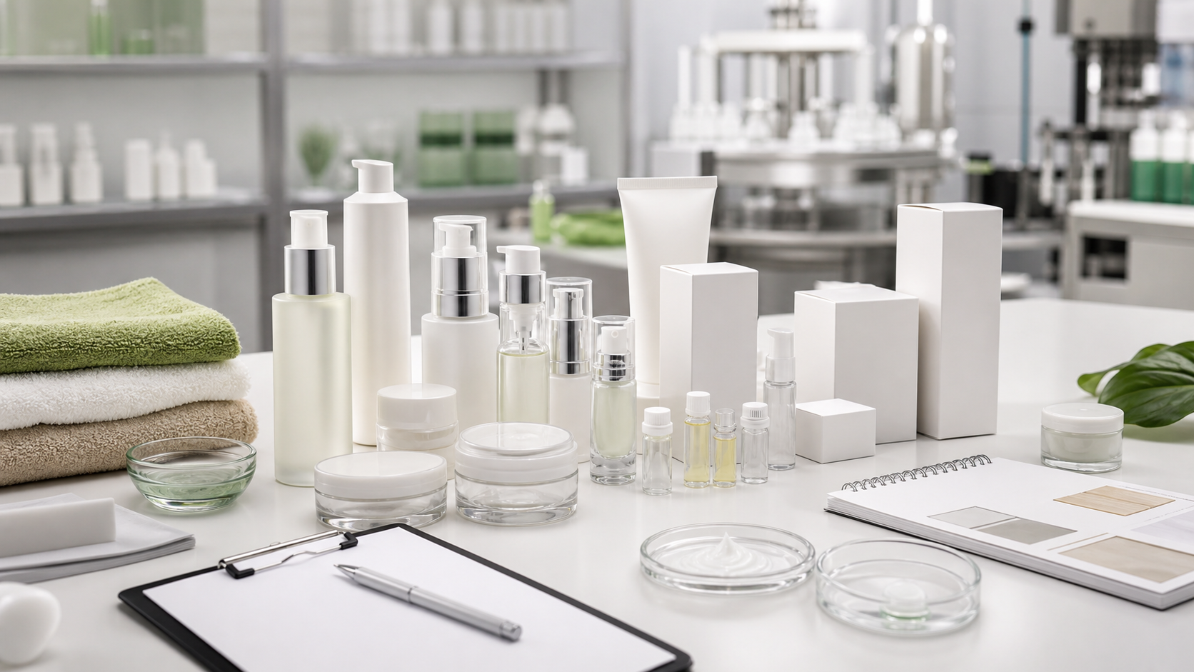 Skincare Manufacturing for Salon and Spa Brands Skincare manufacturing for salon and spa brands with unbranded skincare samples, spa towels, packaging cartons and cosmetic factory equipment