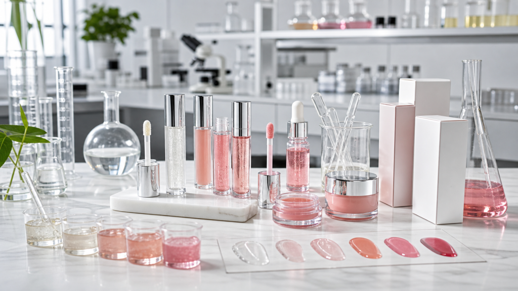 SPF Skin Tint and Lip Balm OEM/ODM Guide SPF skin tint and tinted SPF lip balm OEM ODM development samples in a cosmetics lab