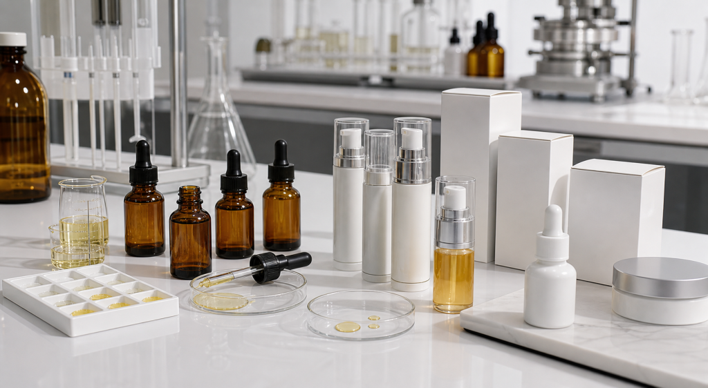 How to Create a Vitamin C Serum with a Cosmetic Manufacturer Vitamin C serum development with amber dropper bottles blank airless packaging cosmetic lab beakers and pale golden sample textures