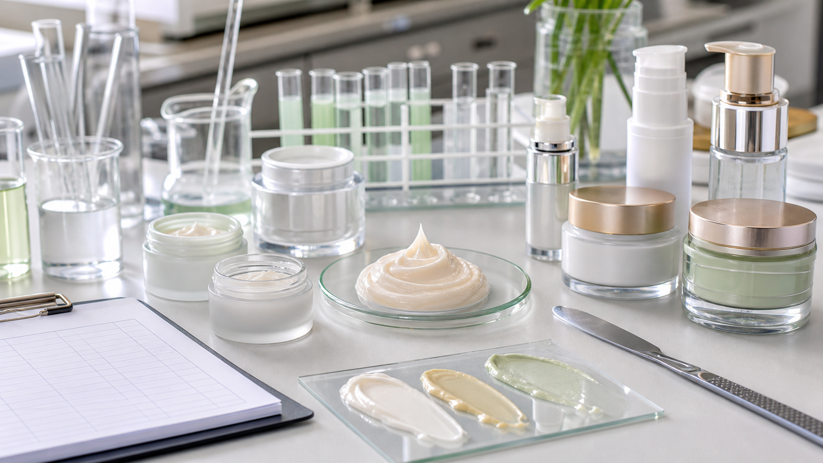How to Develop an Anti-Aging Cream for Your Beauty Brand Anti-aging cream development with unbranded cream jars, airless pumps, lab samples, texture swatches and quality control tools