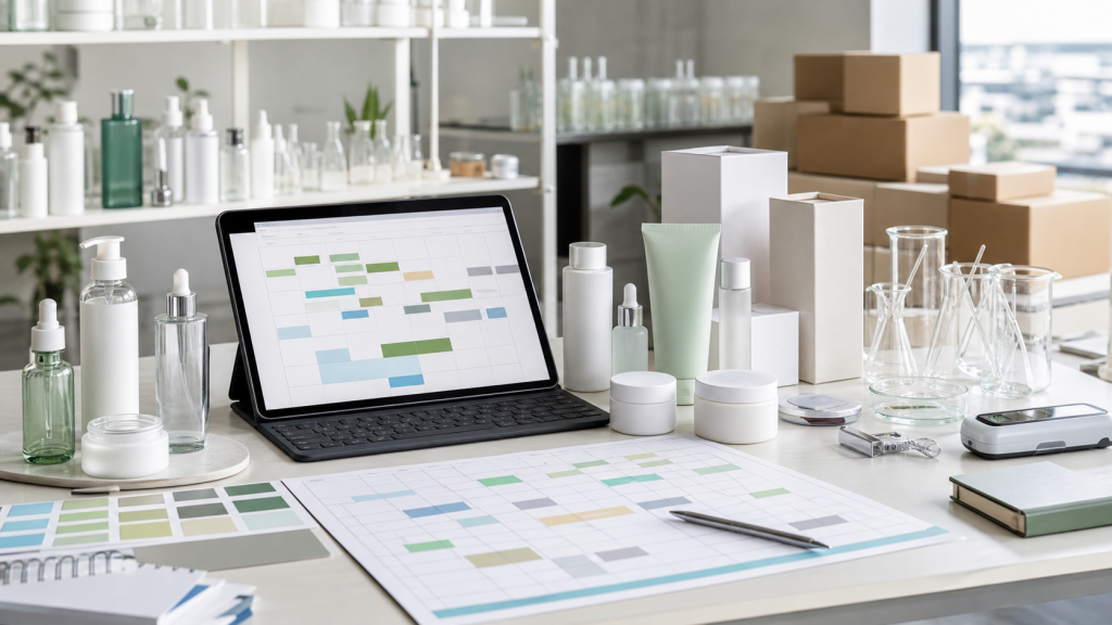 How to Avoid Delays in Cosmetic OEM Projects Cosmetic OEM project planning desk with unbranded skincare samples packaging components schedule blocks quality control tools and shipping cartons