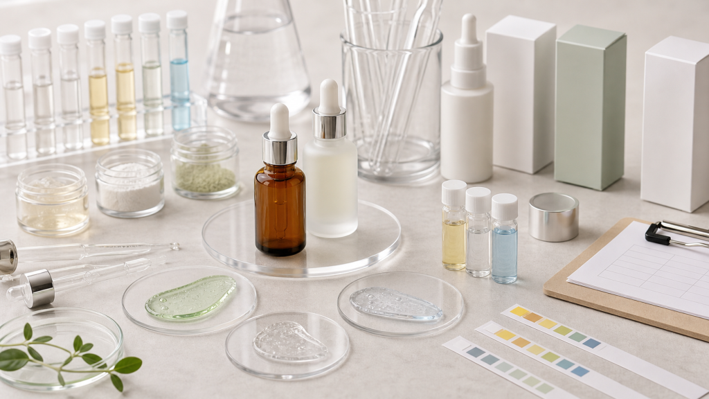 Azelaic Acid Serum OEM/ODM Guide for Beauty Brands Azelaic acid serum OEM ODM development with unbranded serum bottles, gel texture samples, ingredient vials, pH checks, packaging components and QC tools