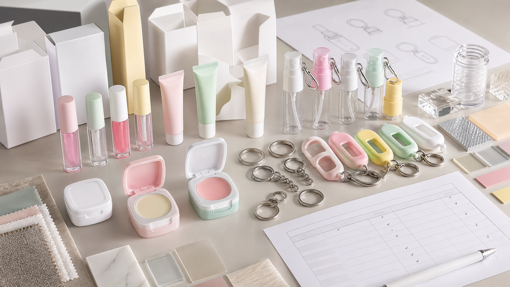 Beauty Bag Charm Packaging OEM/ODM Guide for Brands Beauty bag charm packaging OEM ODM development with unbranded mini cosmetic containers, keychain rings, silicone holders, cartons and material swatches