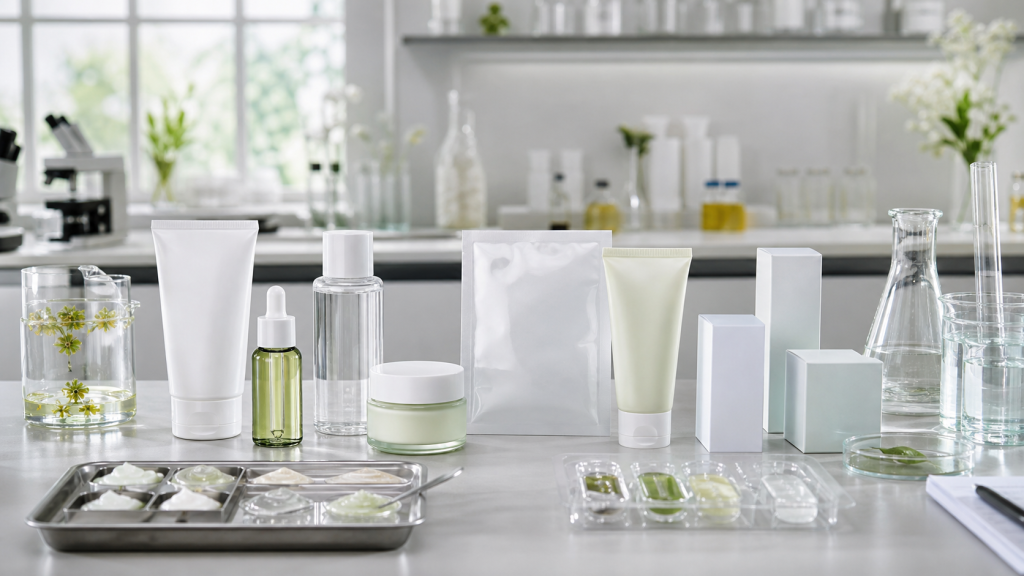Best Low MOQ Skincare Products for New Beauty Brands Low MOQ skincare product selection with unbranded cleanser, serum, toner, cream, mask samples and packaging in a cosmetic lab