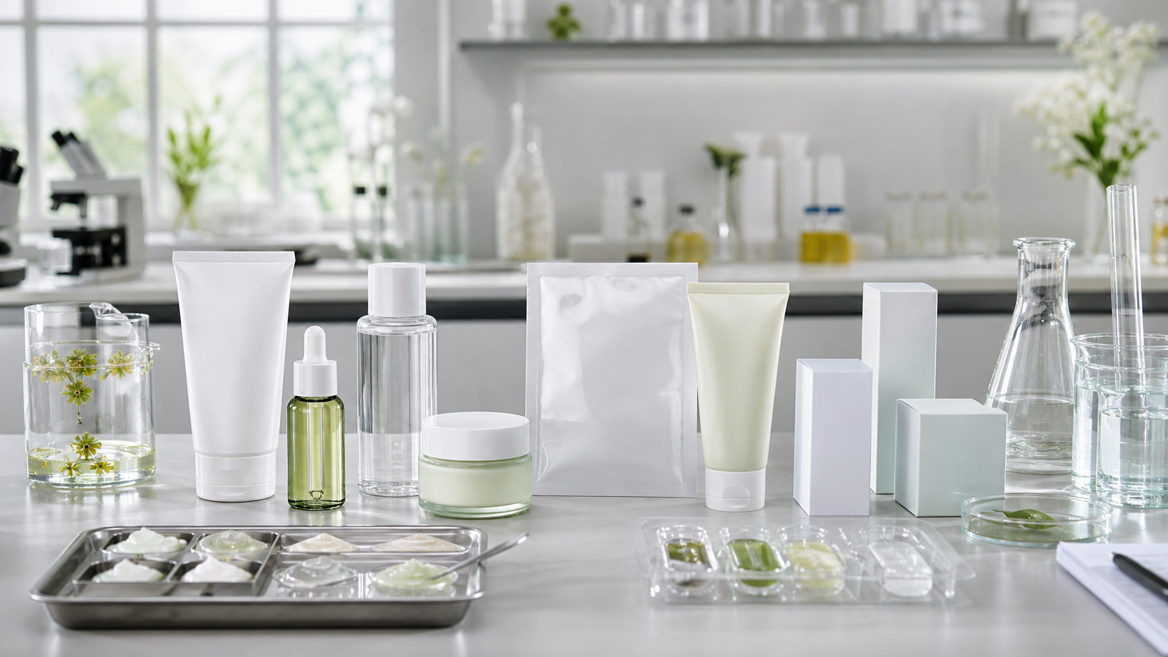 Best Low MOQ Skincare Products for New Beauty Brands Low MOQ skincare product selection with unbranded cleanser, serum, toner, cream, mask samples and packaging in a cosmetic lab