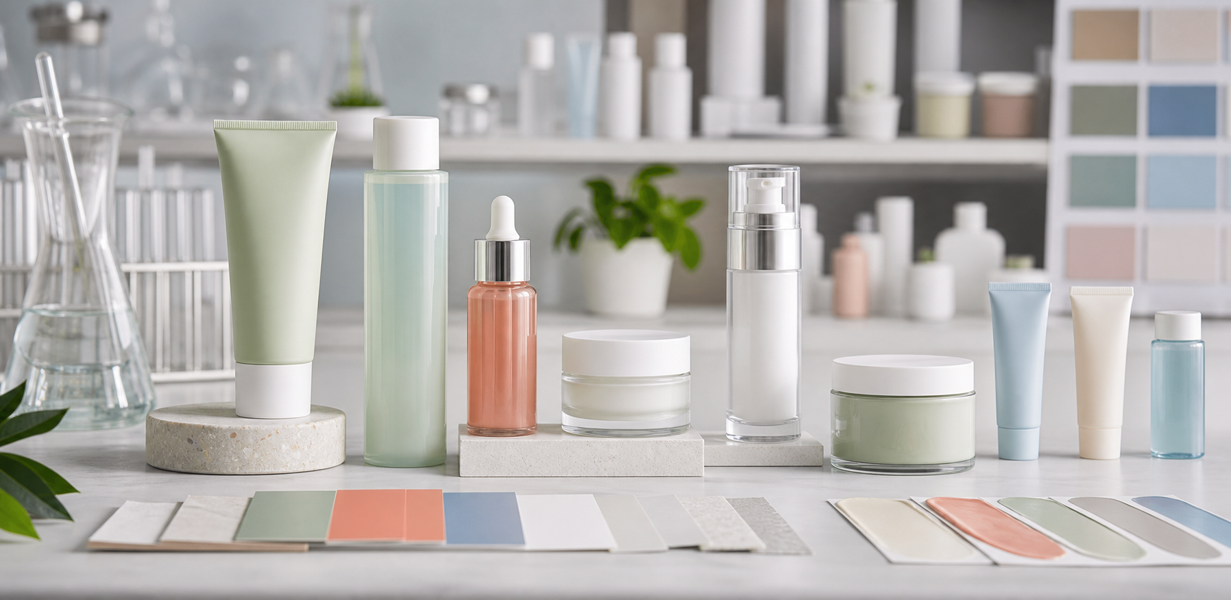 Best Skincare Products to Launch for Startups Best skincare products for beauty startups shown as unbranded cleanser, toner, serum, moisturizer, mask and sample packaging in a cosmetic studio