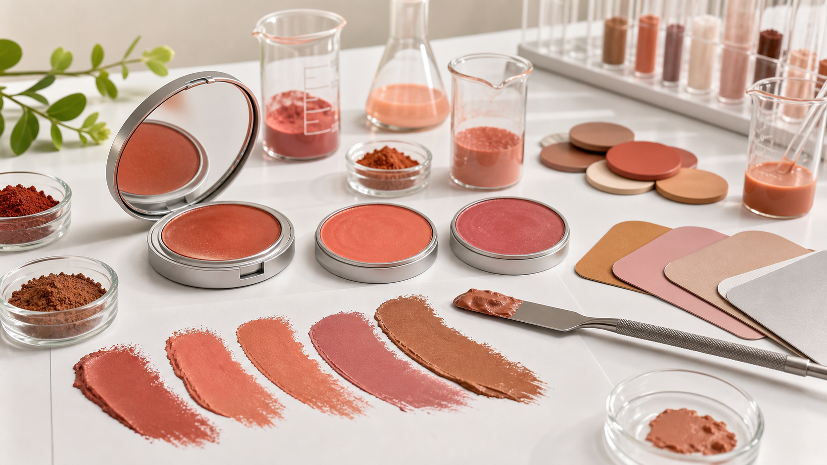 Blonzer Compact OEM/ODM Guide for Beauty Brands Blonzer compact OEM ODM development with unbranded blush bronzer pans, warm shade swatches, pigments and cosmetic lab tools