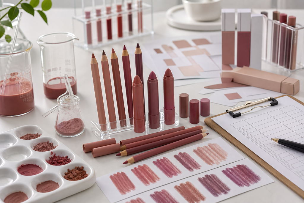 Blurred Lip Liner OEM/ODM Guide for Beauty Brands Blurred lip liner OEM ODM development with unbranded lip pencils, lip crayon samples, shade swatches and cosmetic lab materials