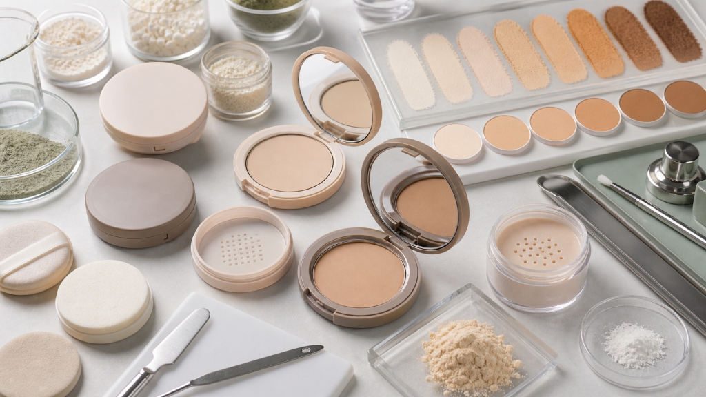 Blurring Powder Compact OEM/ODM Guide for Brands Blurring powder compact OEM ODM development with unbranded pressed powder pans, shade swatches, puff components and cosmetic lab QC tools
