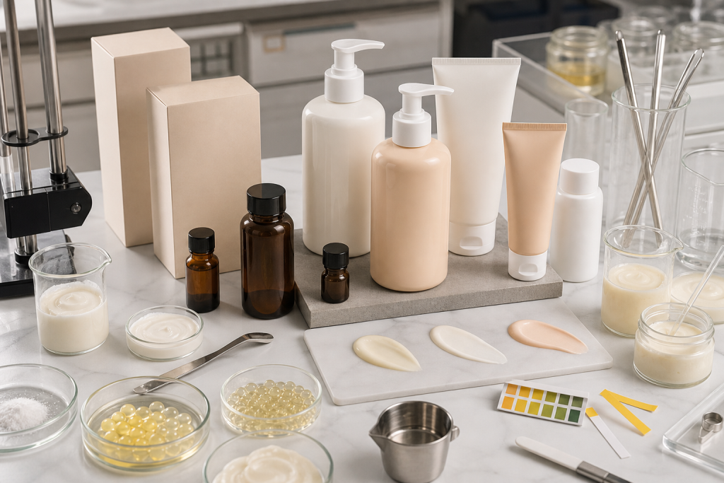 Body Retinol Lotion OEM/ODM Guide for Brands Body retinol lotion OEM ODM development with unbranded pump bottles, lotion texture samples, amber active ingredient bottles and cosmetic lab QC tools