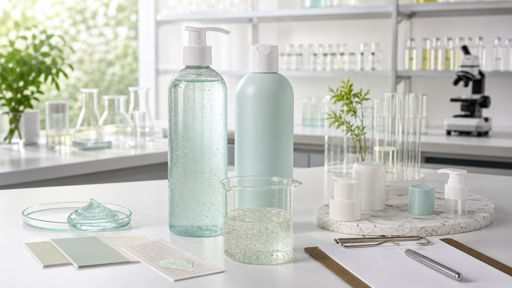 How to Develop a Body Wash Product for Your Brand Unbranded body wash packaging and gel sample development in a cosmetic OEM laboratory