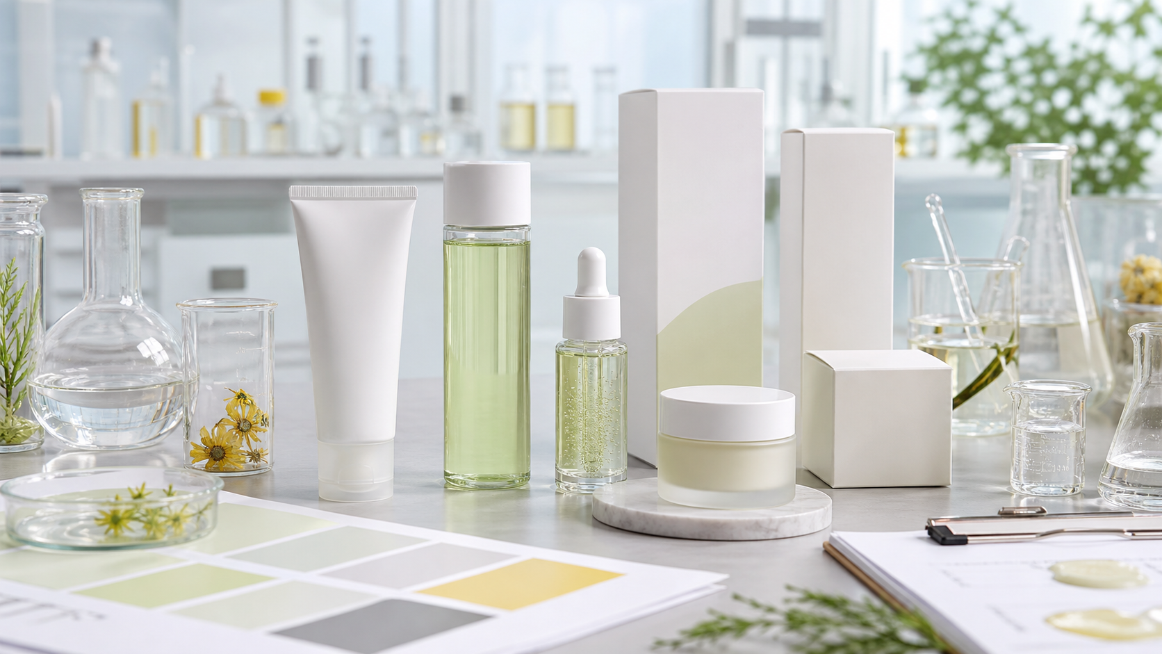 How to Develop a Brightening Skincare Product Line Brightening skincare product line OEM ODM development with unbranded bottles, jars, tubes, cartons, lab samples and packaging swatches