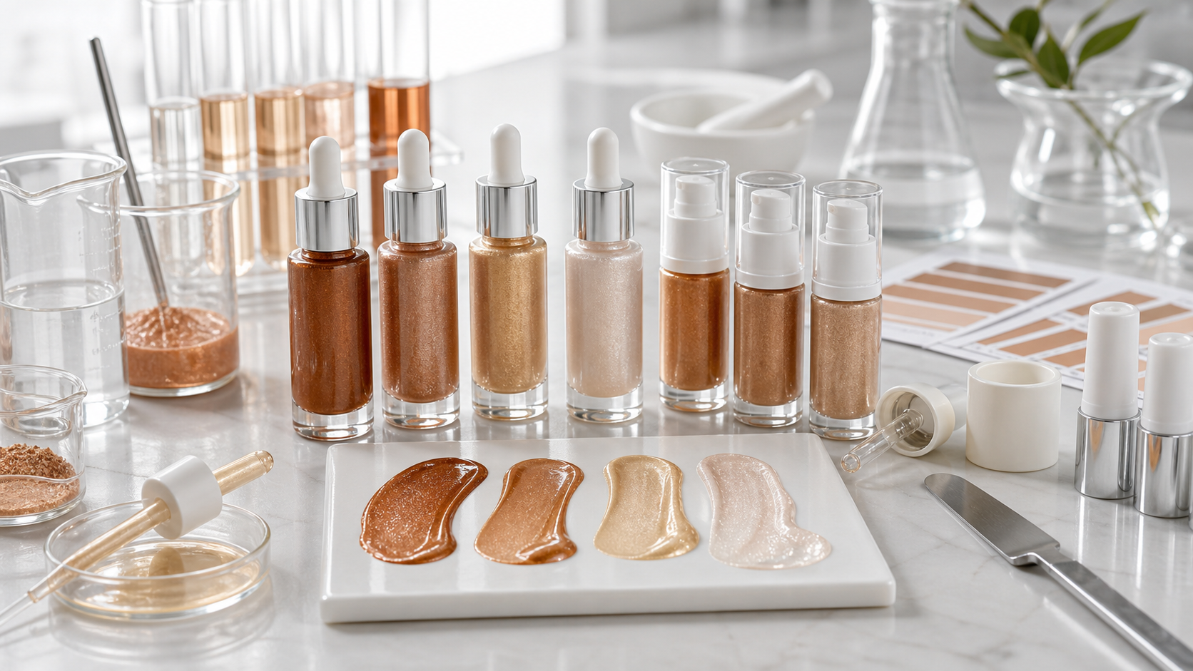 Guide OEM/ODM des gouttes bronzantes pour marques de beauté Développement OEM ODM de gouttes bronzantes avec flacons compte-gouttes neutres, swatches bronze éclat, échantillons de dispersion mica et outils de laboratoire cosmétique