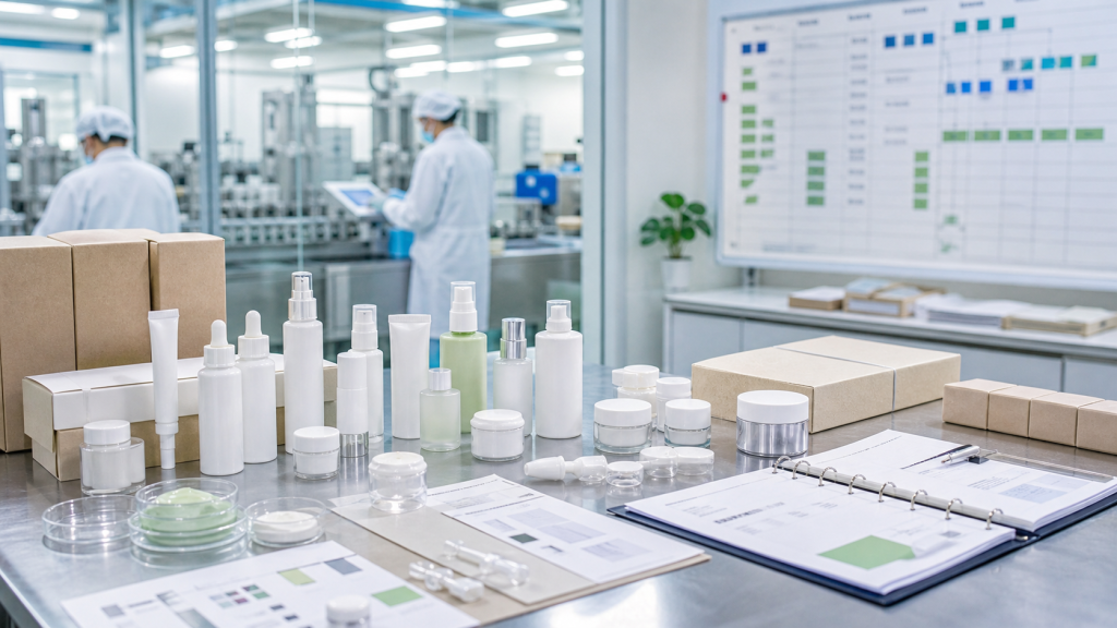 Evaluacion de una buena fábrica OEM ODM de cosméticos con muestras, packaging y documentos de producción