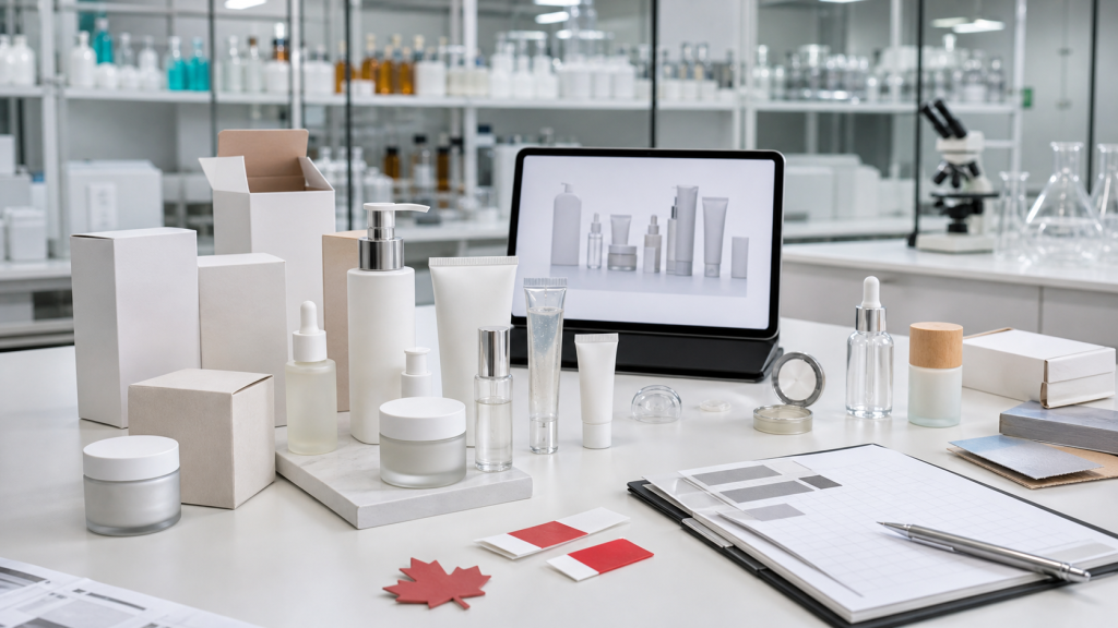 Working with a China Cosmetic Manufacturer for Canadian Beauty Brands Unbranded skincare samples packaging components and quality control workspace for Canadian beauty brands working with a China cosmetic manufacturer