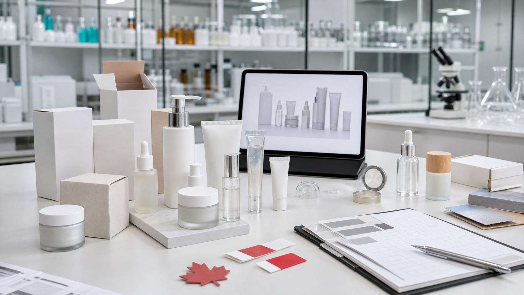 Unbranded skincare samples packaging components and quality control workspace for Canadian beauty brands working with a China cosmetic manufacturer
