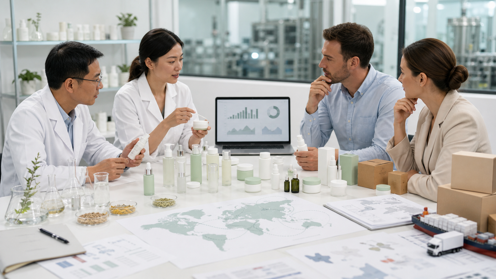 Working with a China Cosmetic Manufacturer for EU Beauty Brands China cosmetic manufacturer support for EU beauty brands with unbranded skincare samples, packaging cartons, lab glassware and export planning documents