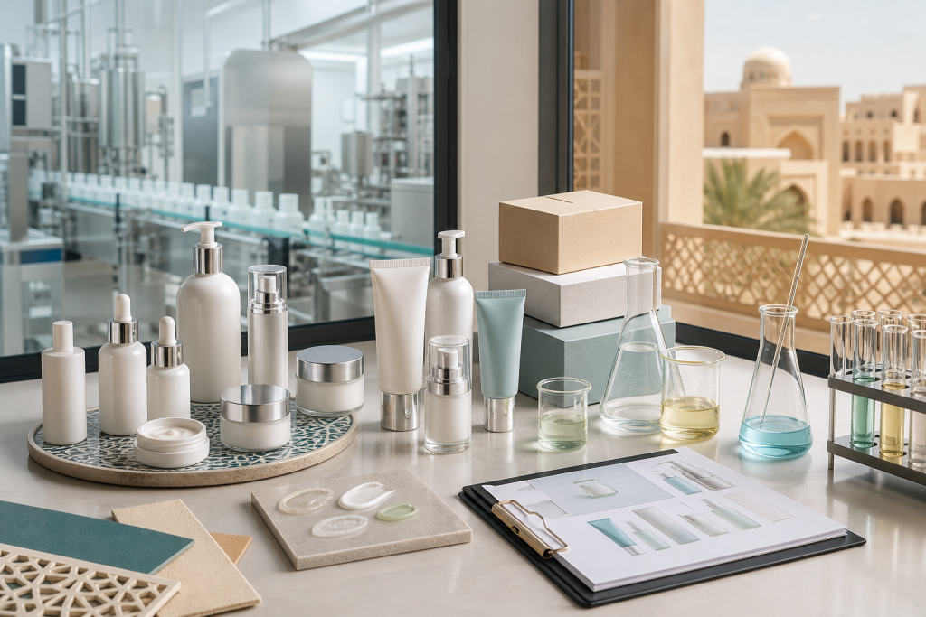 Working with a China Cosmetic Manufacturer for Middle East Beauty Brands Unbranded skincare samples packaging components lab beakers and quality control workspace for Middle East beauty brands working with a China cosmetic manufacturer