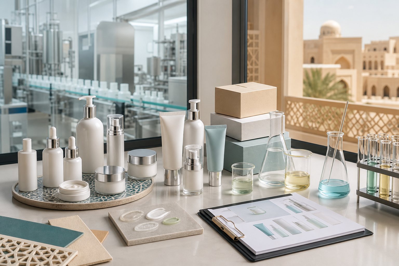 Working with a China Cosmetic Manufacturer for Middle East Beauty Brands Unbranded skincare samples packaging components lab beakers and quality control workspace for Middle East beauty brands working with a China cosmetic manufacturer