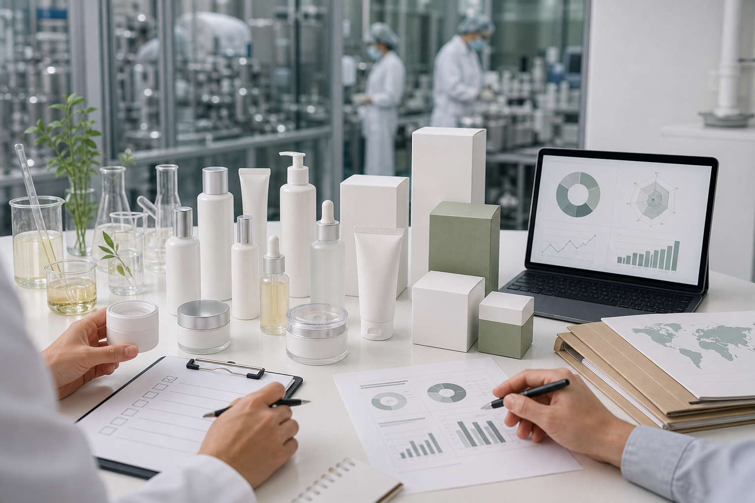 Working with a China Cosmetic Manufacturer for UK Beauty Brands China cosmetic manufacturer support for UK beauty brands with unbranded skincare samples, packaging cartons, lab glassware and export planning documents