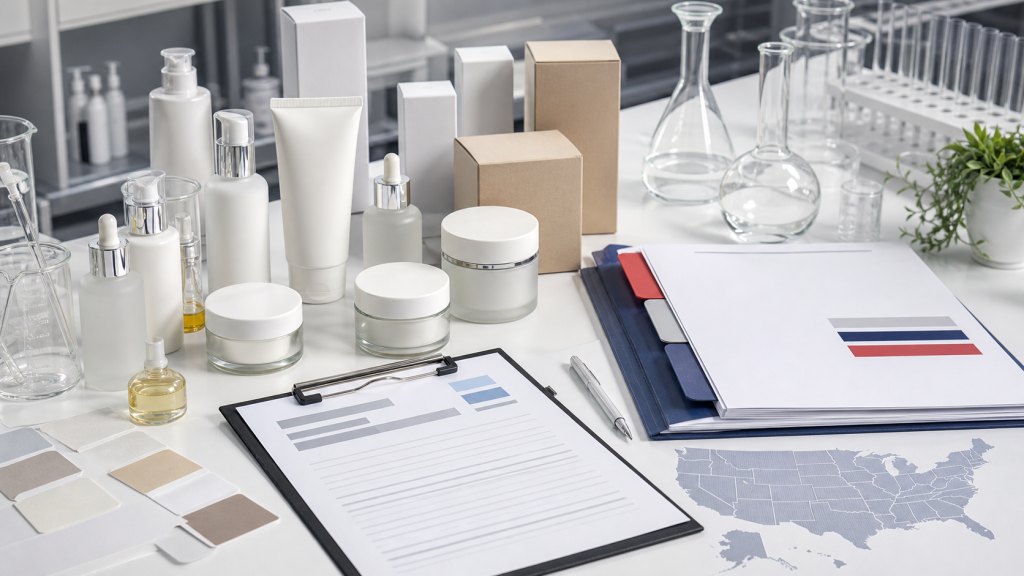 Working with a China Cosmetic Manufacturer for US Beauty Brands China cosmetic manufacturer support for US beauty brands with unbranded skincare samples, packaging cartons, lab glassware and export planning documents