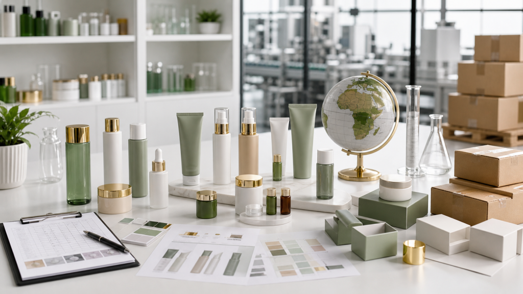 China Cosmetic Manufacturing for African Beauty Distributors Unbranded skincare samples packaging components lab glassware shipping cartons and export planning workspace for African beauty distributors sourcing from a China cosmetic manufacturer