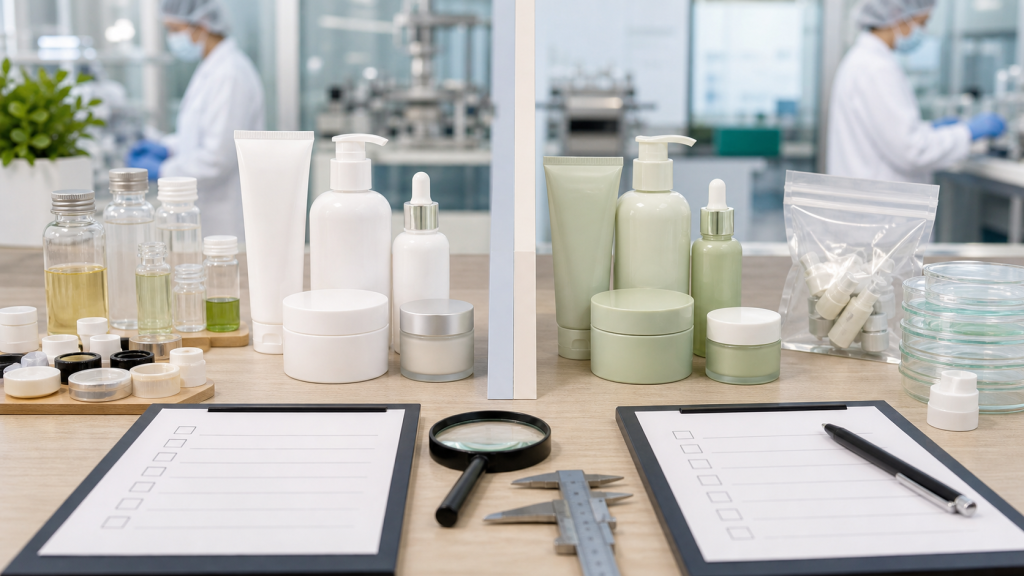 How to Avoid Mistakes When Choosing a Cosmetic Factory Cosmetic factory supplier evaluation with unbranded skincare packaging samples quality control tools and checklist sheets