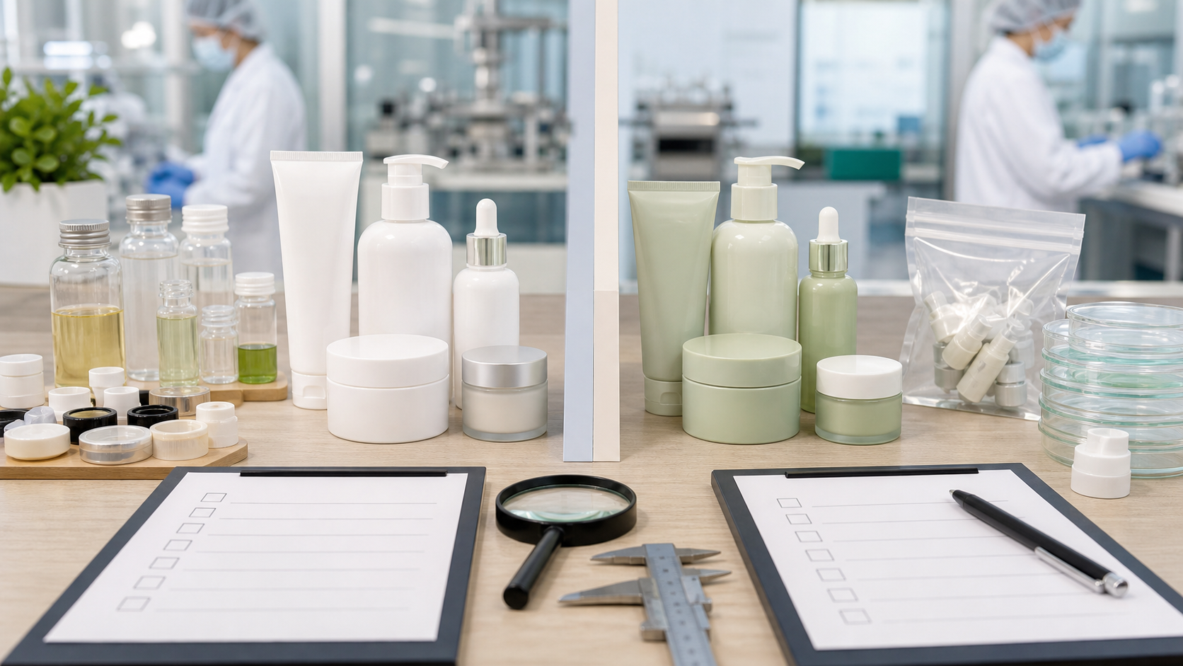 Cosmetic factory supplier evaluation with unbranded skincare packaging samples quality control tools and checklist sheets