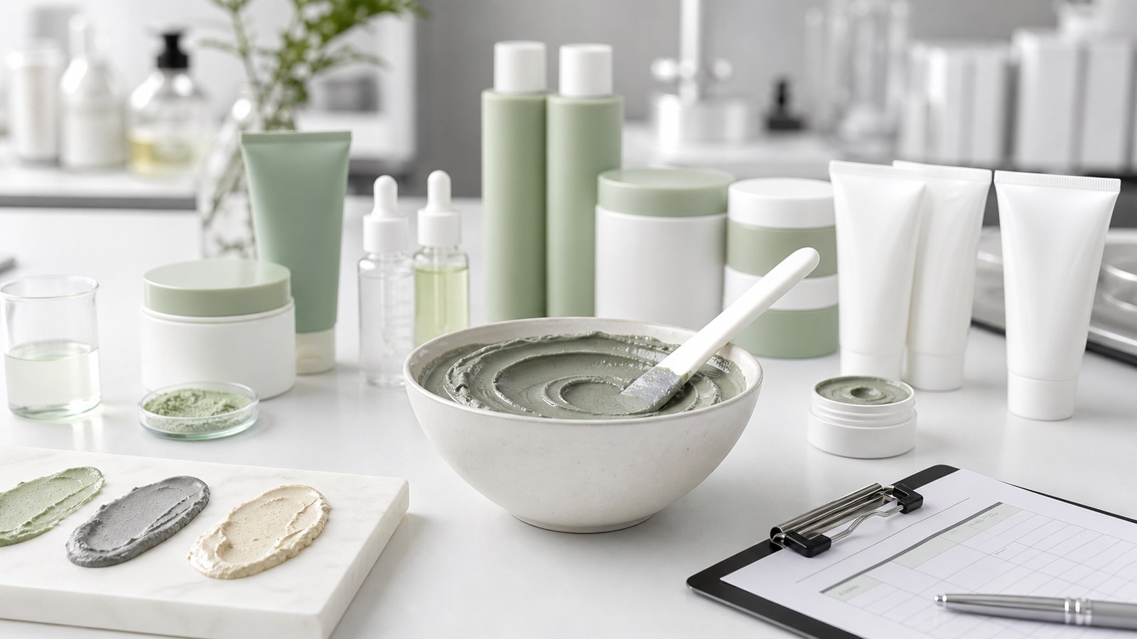 Clay Mask Manufacturing Guide for Beauty Brands Clay mask product development with unbranded packaging samples, mineral texture swatches and cosmetic lab quality control tools