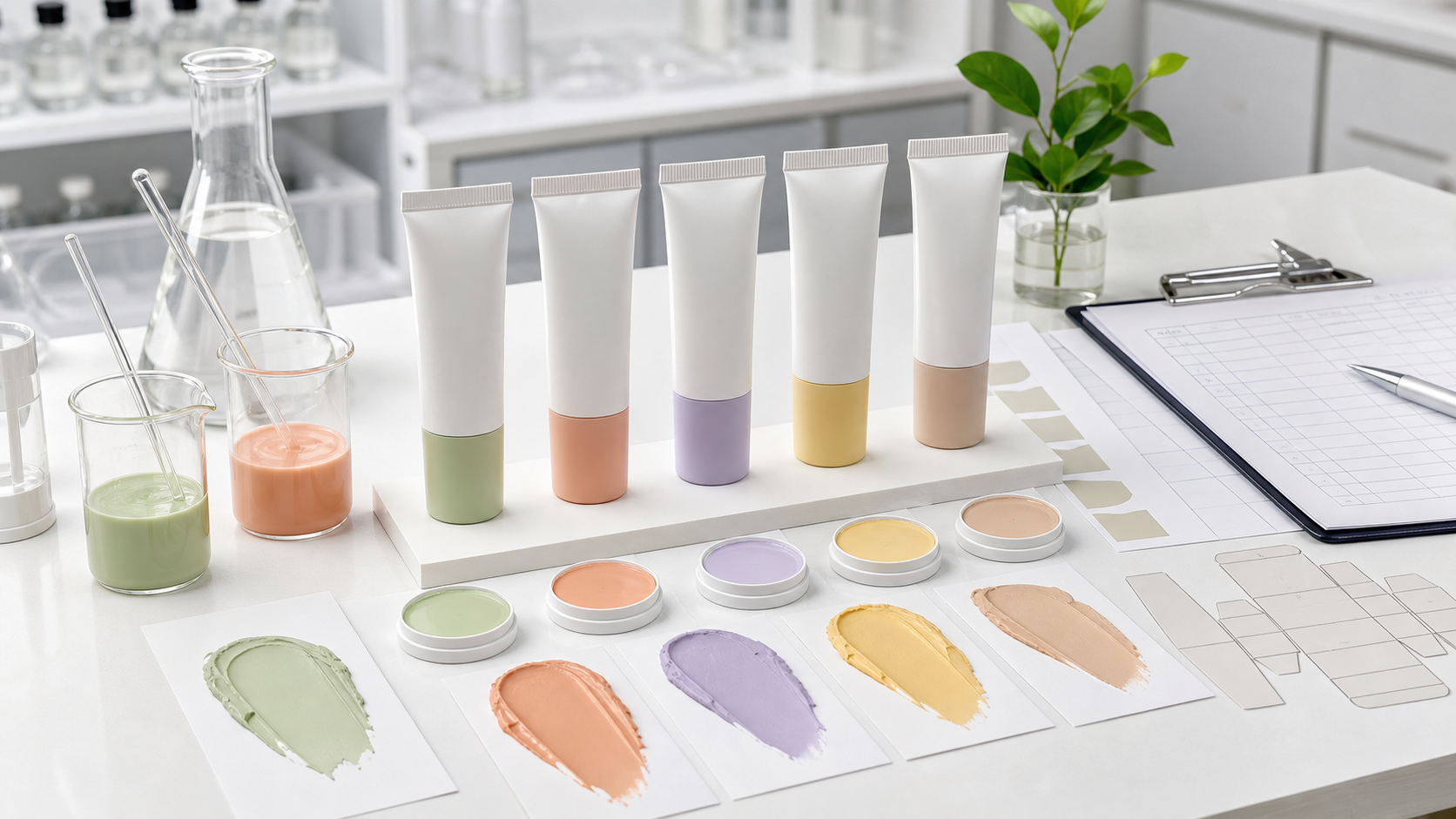 Color Corrector OEM/ODM Guide for Beauty Brands Color corrector OEM ODM development with unbranded pastel correction tubes, cream swatches and cosmetic lab testing materials